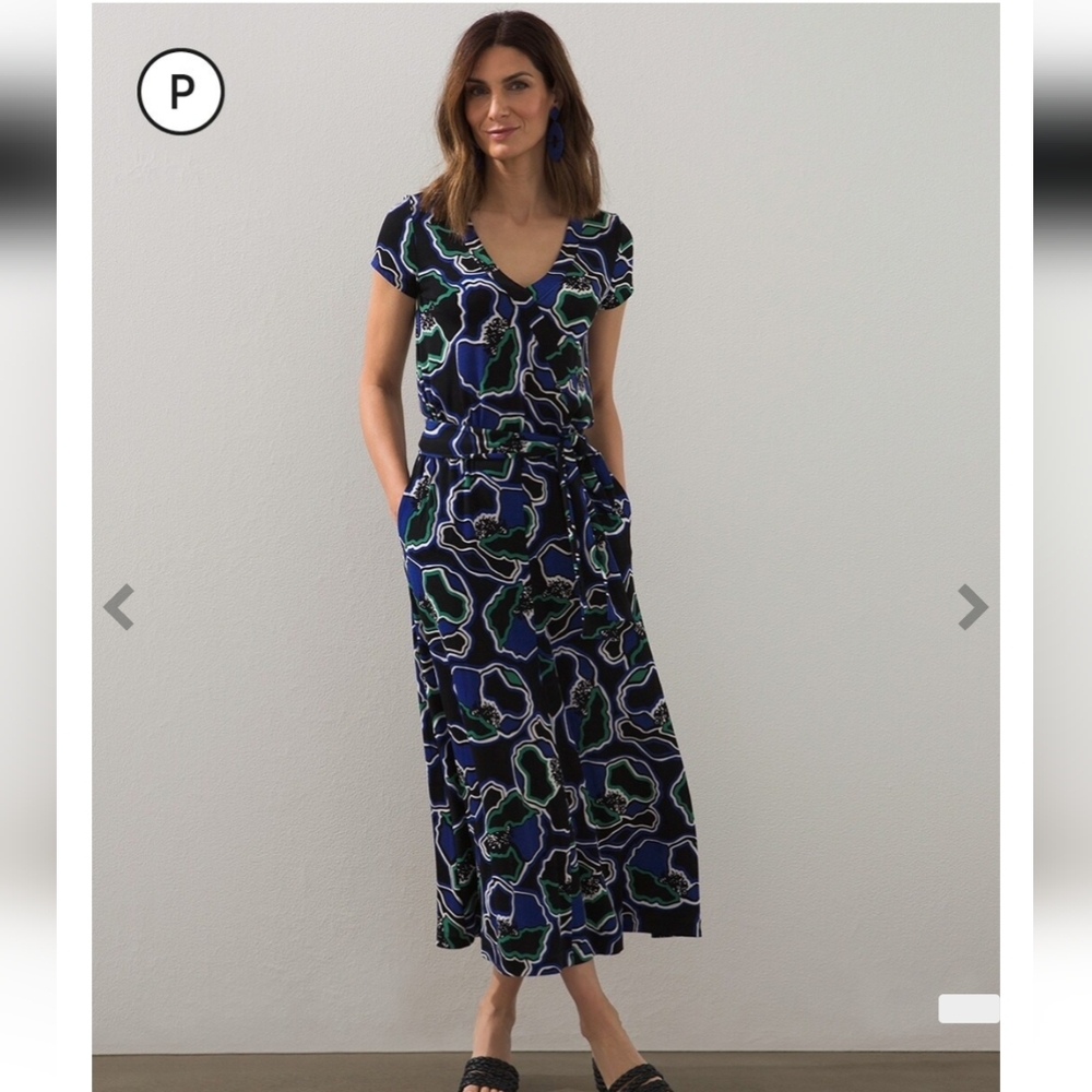 Chico's blue green black Travelers Floral Wrap Dress size 12/14 nwt